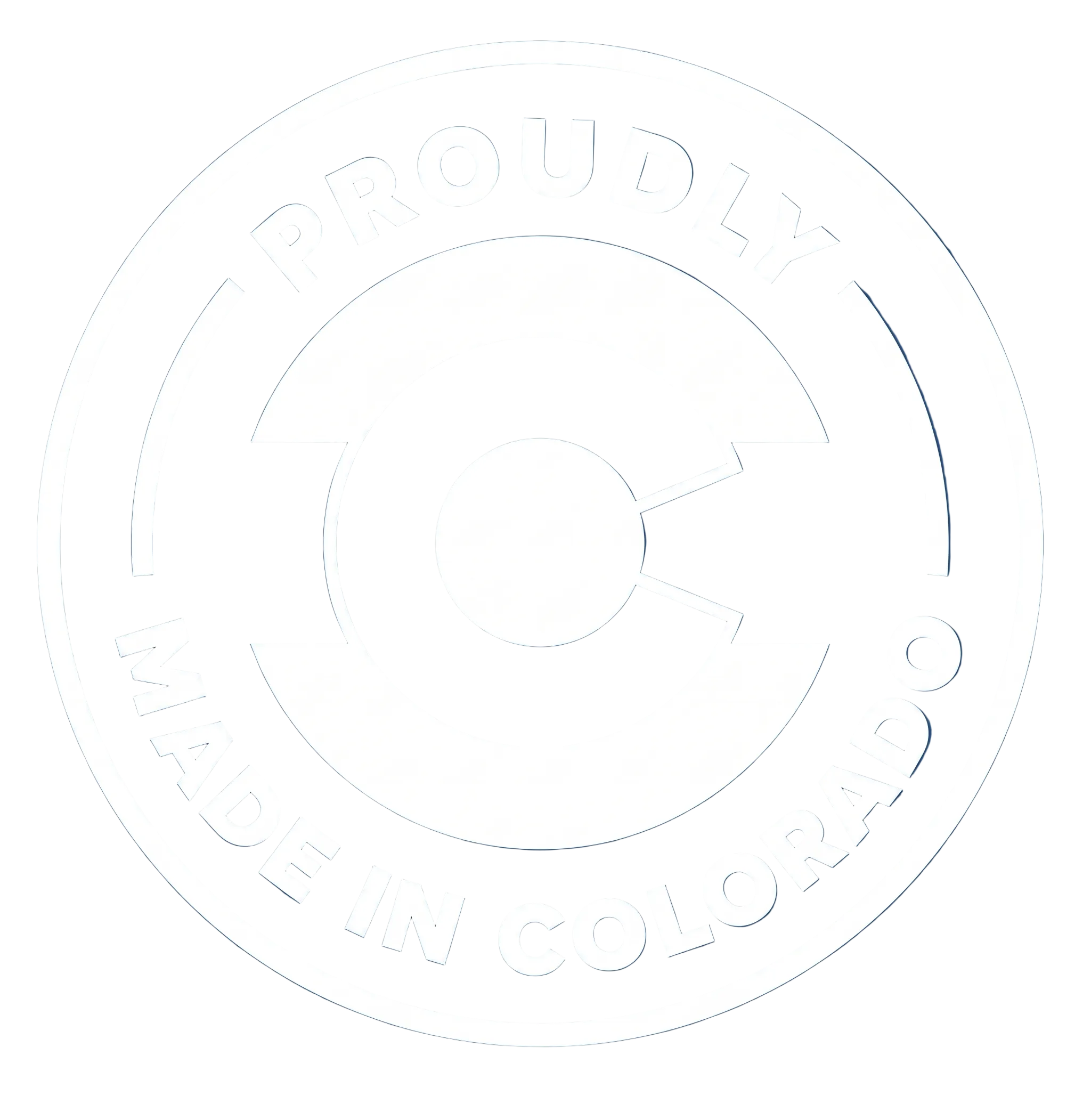 A circular blue and white badge reading “PROUDLY MADE IN COLORADO” with a stylized white C logo in the center.