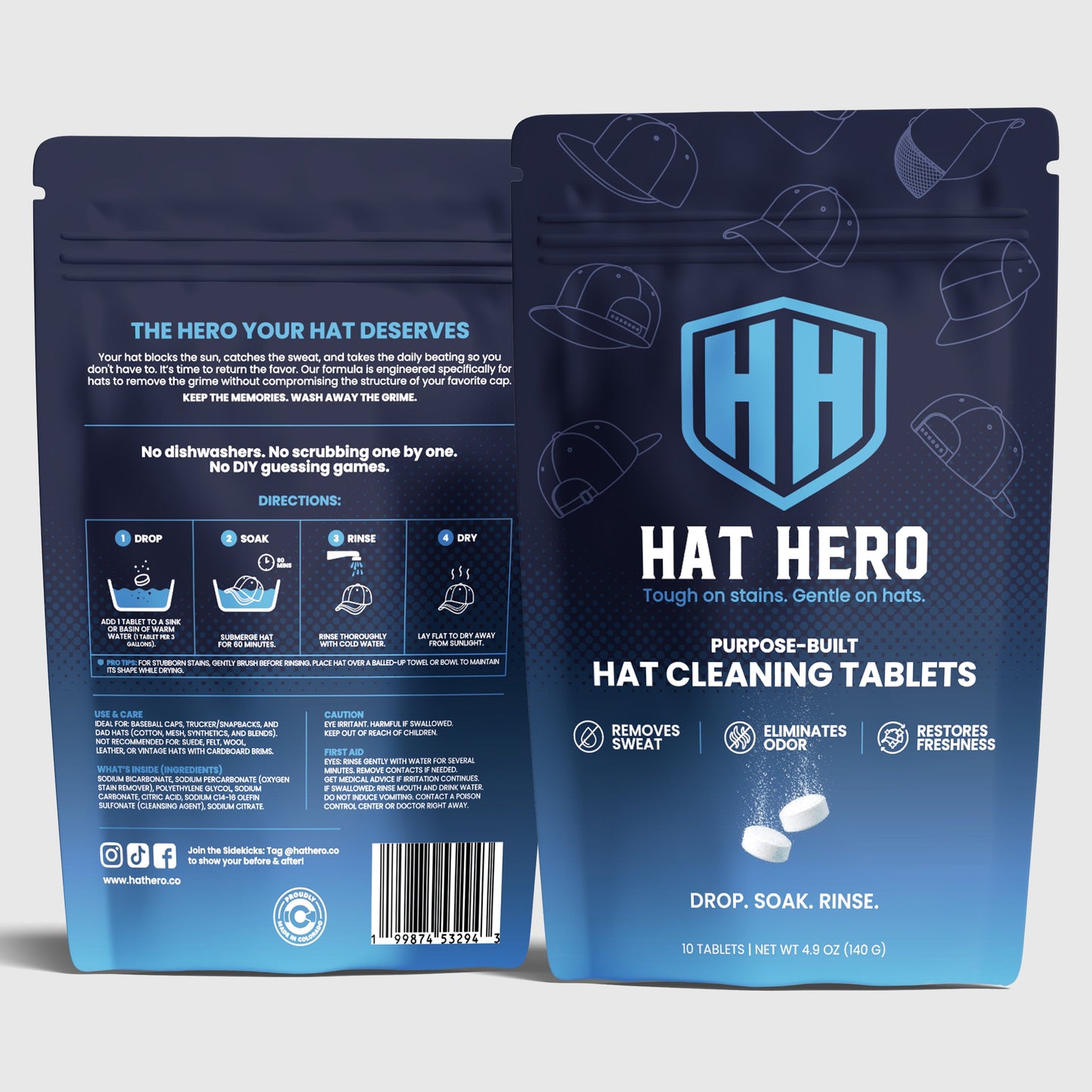 Two packages of Hat Hero hat cleaning tablets on a light gray background